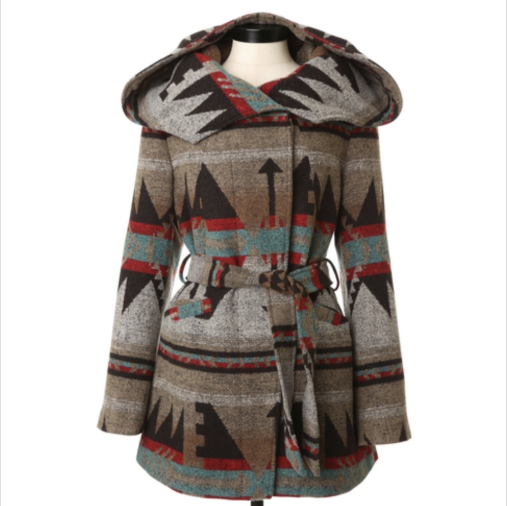 Patterned Hooded Pea Coat